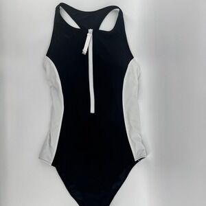 NEW Fabletics High Tide Zip One Piece Swimsuit Black White Racerback Medium